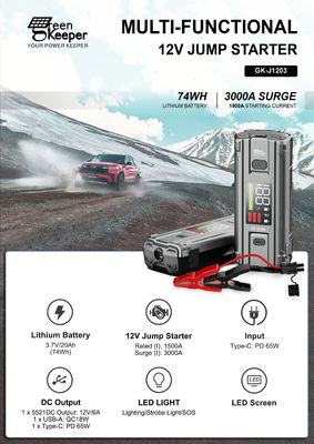 Recarregável motor de automóvel 12V Jump Starter com compressor de ar bomba e luz de trabalho LED
