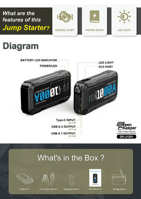 Emergência de emergência de carros ao ar livre Jump Starter com lanterna 3 em 1
