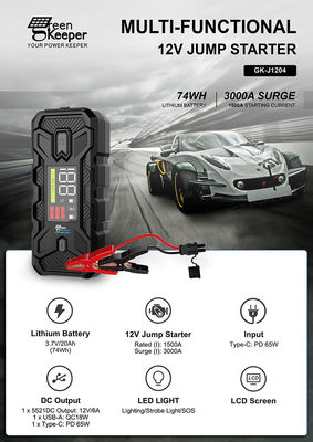 Multi Função Car Jump Starter 20000mAh Capacidade e 3000A de corrente de pico para emergência
