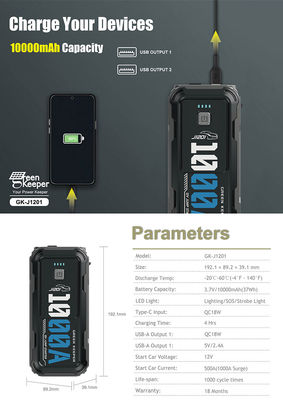 a entrada do QC 18W conduziu a saída dupla USB do banco 1000A do poder do acionador de partida do salto do carro da luz 10000mAh do trabalho