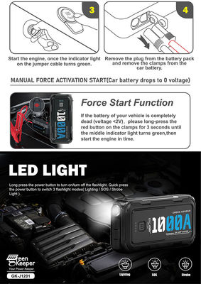 Automóveis a gasolina Diesel Jump Starter 10000 Mah USB-A saída de carregamento Multi Função 12v