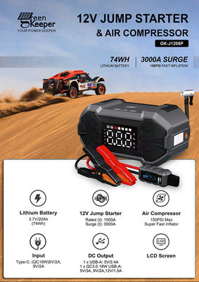 Multifunção 12V bateria de lítio Car Jump Starter com bomba de ar e QC3.0 18W saída