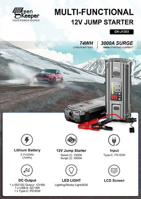 Bateria de emergência do carro J1203 Peak 3000A 20000mAh Boost Jump Starter para veículos de 8,0L