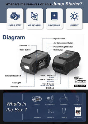 18W Total Output Car Booster Power Bank Jump Starter com compressor de ar e luz LED