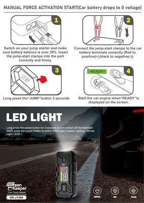Saída 12V 1500A UltraSafe High Capacity Jump Starter Com Função de Iniciação do Motor de Luz LED