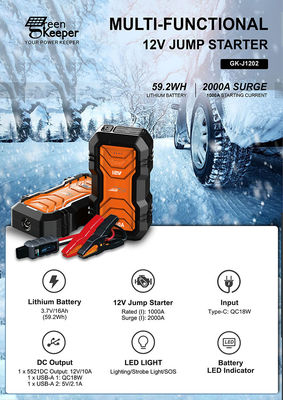 QC 18W Input GreenKeeper UltraSafe Super Capacitor 2000A Bateria Jump Starter Com Luz LED