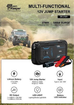 Bateria de emergência do carro de 18 W total de saída UltraSafe Booster Pack 12V 24V 1000A Jump Starter