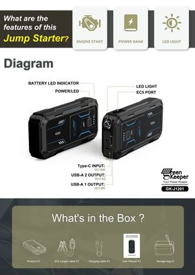 Bateria de emergência do carro de 18 W total de saída UltraSafe Booster Pack 12V 24V 1000A Jump Starter