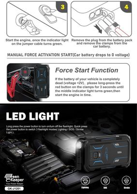 Bateria de emergência do carro de 18 W total de saída UltraSafe Booster Pack 12V 24V 1000A Jump Starter